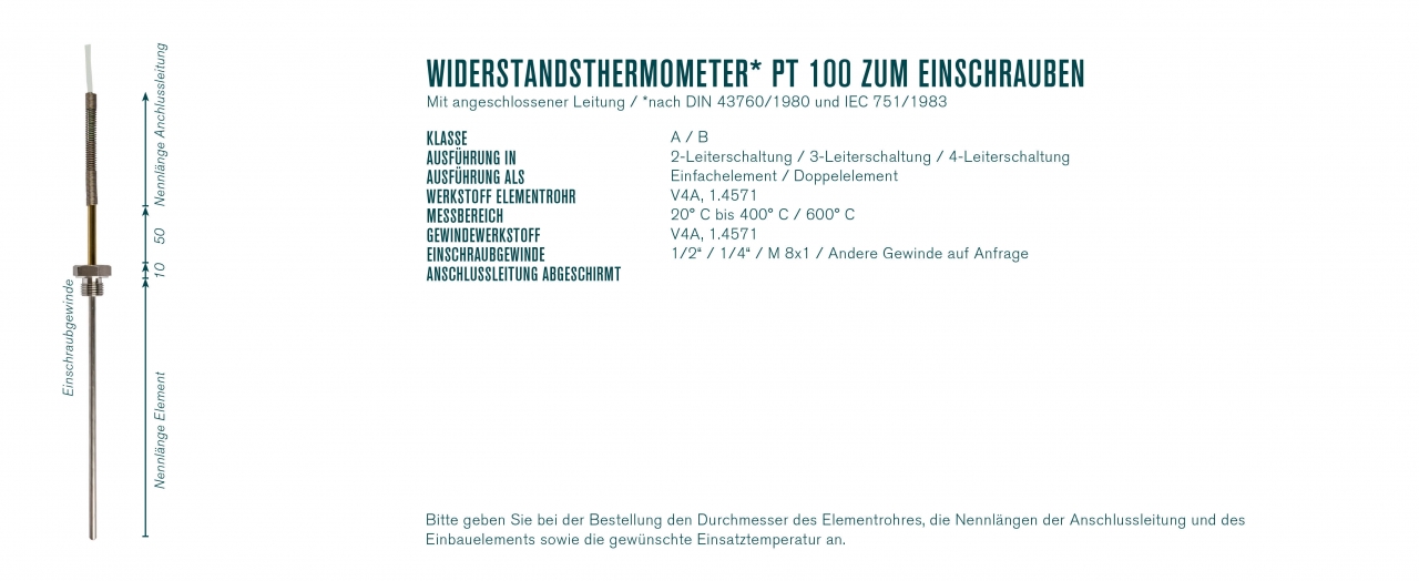 Widerstandsthermometer* Pt 100 zum Einschrauben mit angeschlossener Leitung