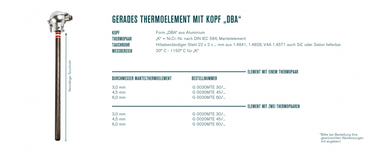 Gerades Thermoelement mit Kopf “DBA"