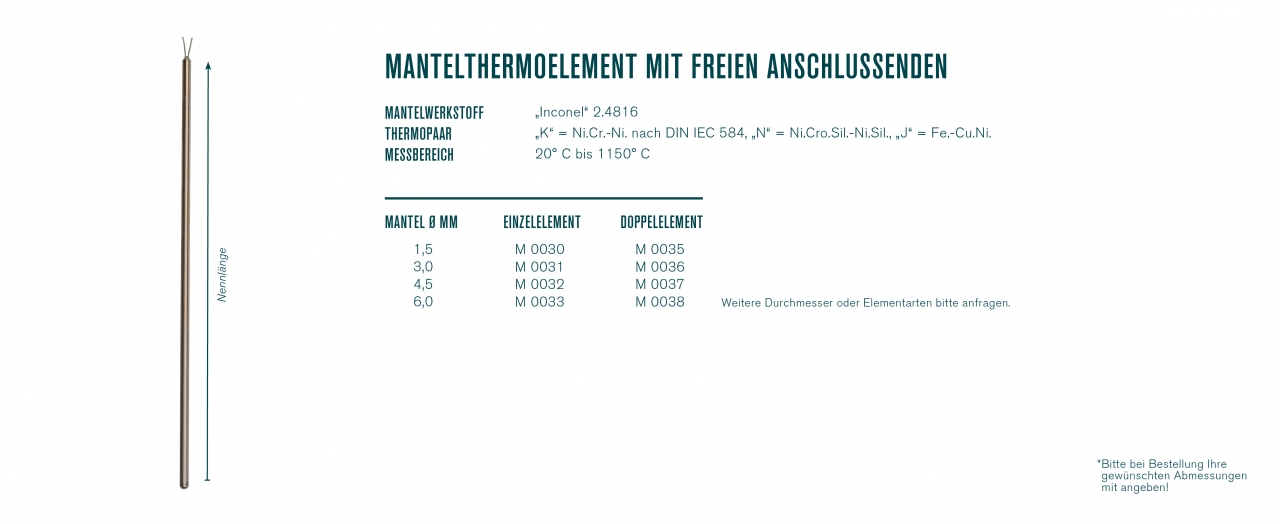 Mantelthermoelement mit freien Anschlussenden